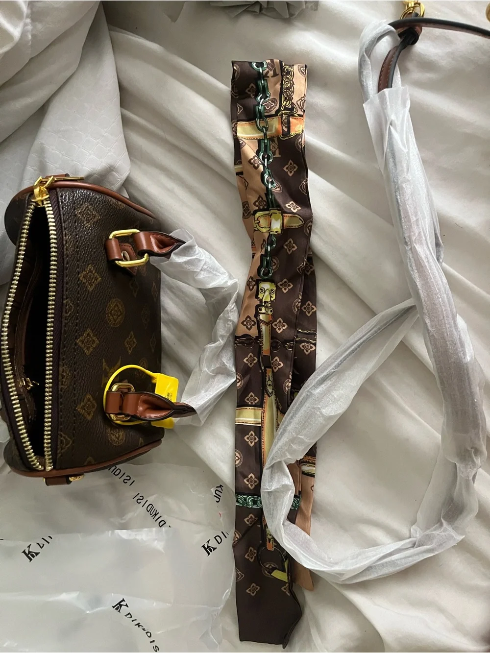 Designer-Inspired Brown Monogram Satchel with Tan Trim